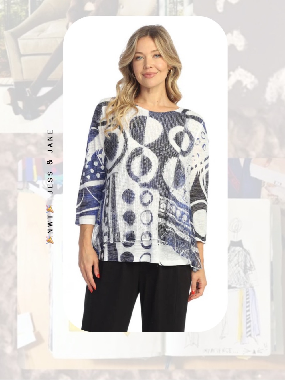 π·οΈππ navy blue & white abstract circle mesh chiffon tunic top